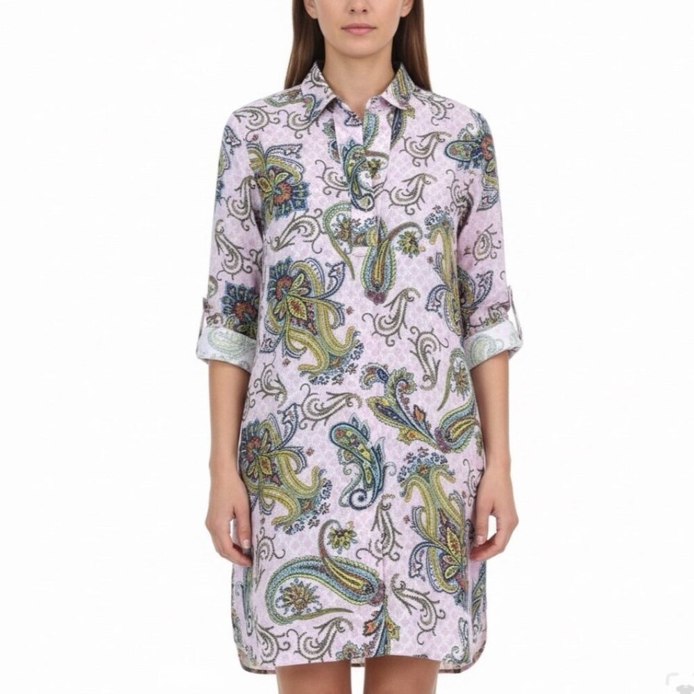 Hinson Wu Womens Pink Luxe Linen Paisley Tunic Shirt Dress Button Back Size M